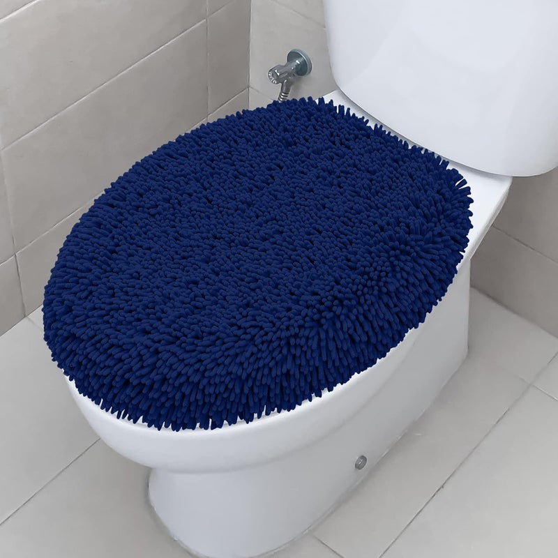 TREETONE Shaggy Chenille Bathroom Toilet Lid Cover, Ultra Soft Plush Seat Covers, Fluffy Absorbent, 19x21 Inches, Standard Toilet Lids for Bathroom Machine Wash & Dry, Navy Blue - Image 1